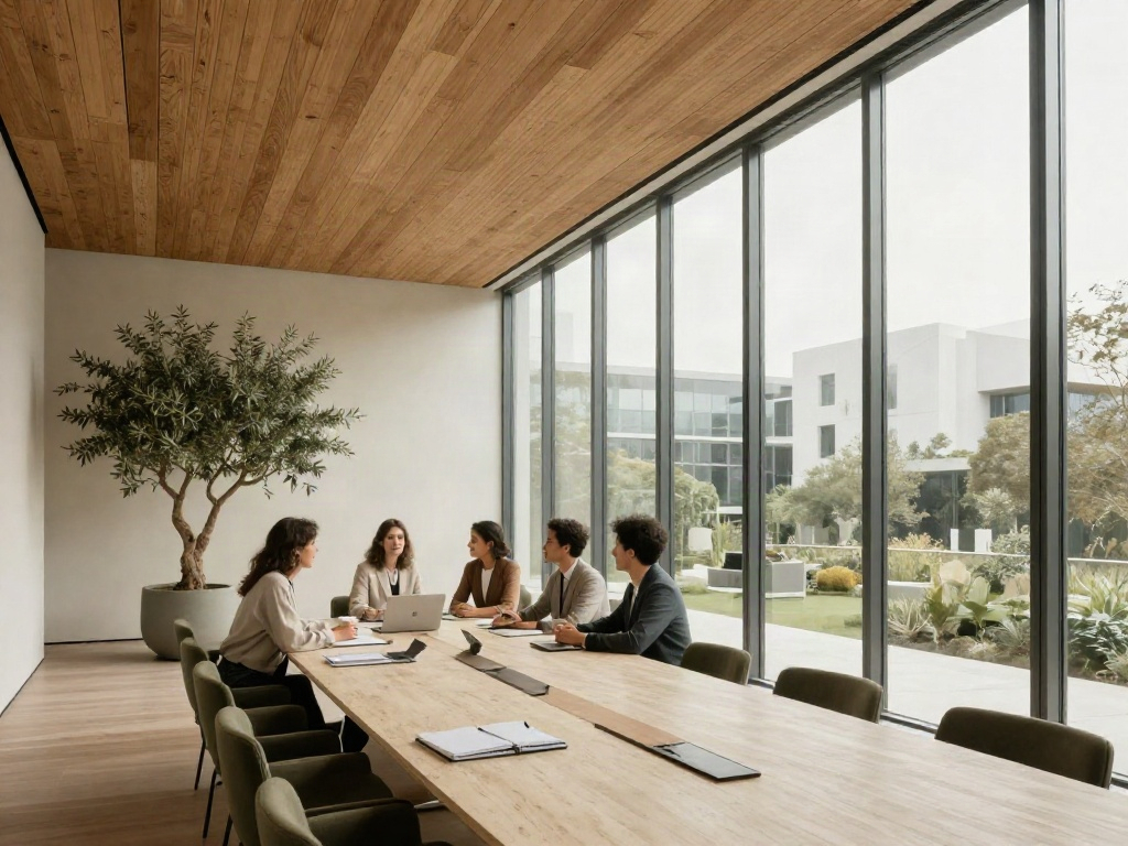 A light-filled boardroom with consultants sharing ideas around an oak table